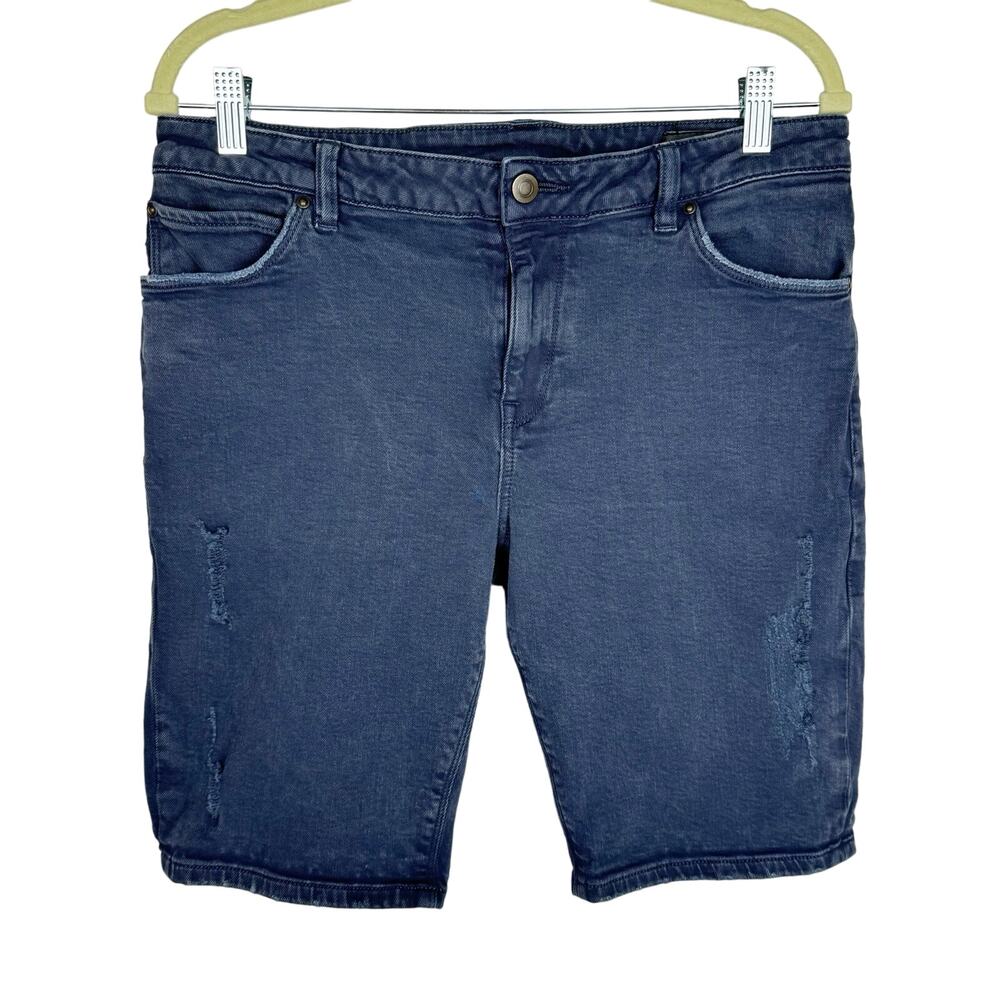 asos‎ Blue Distressed Fitted Stretch Dark Wash Denim Shorts Sz 34